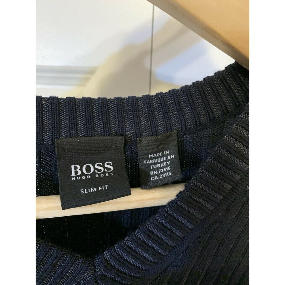 Hugo Boss Midnight‎ Blue Stripe V Neck Wool Sweater
